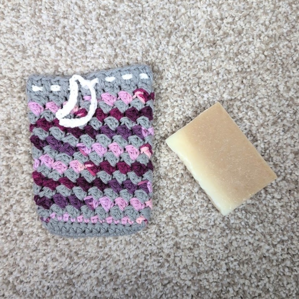 Handmade Crochet Soap Pouch Holder Bag with Drawstring Purple Pink Gray